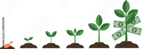 Cartoon plant growth stages icon set with seed, sprout, leaves, and mature money tree symbolizing financial investment.