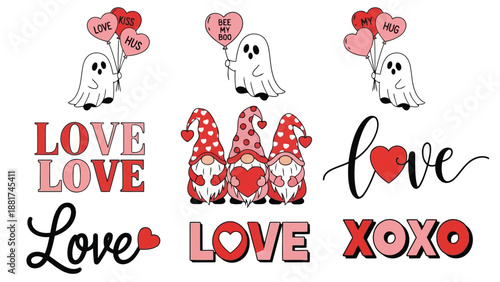 Charming valentine s day illustration featuring gnomes ghosts hearts and affectionate messages of love and hugs
