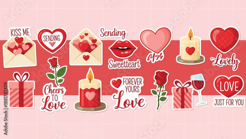 A vibrant collection of romantic stickers featuring hearts letters roses and candles ideal for valentine s day