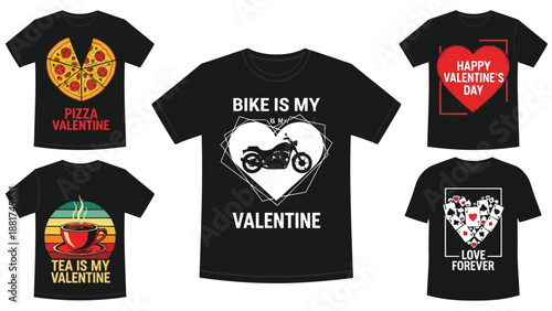 Displaying valentine themed t shirts with pizza motorcycles tea and hearts designs for various preferences