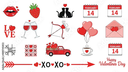 Illustrative valentine s day elements including hearts strawberries arrows and love messaging arranged in a playful composition