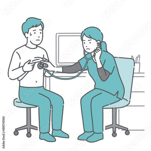 聴診を受ける冷や汗をかいた男性と深刻な表情のスクラブの女性医療従事者のイラスト