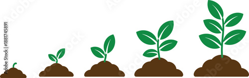 Cartoon plant growth stages icon set with sprout, leafy development, and mature seven-leaf plant emerging from soil.