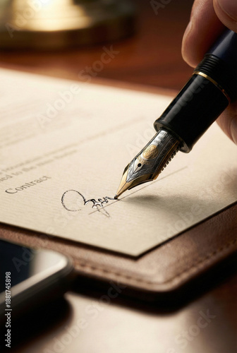 Close-Up of Fountain Pen Signing Formal Contract on Leather Desk with Smartphone in Foreground