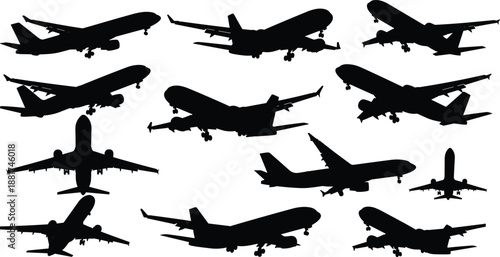 Black airplane silhouette collection on white background, commercial aircraft flying and landing vector illustration set, aviation travel icons for airport transport design projects,