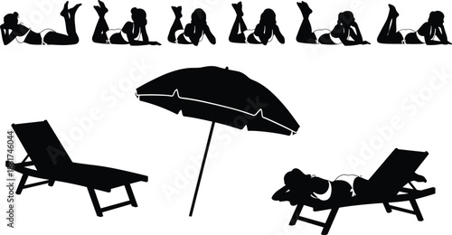 Beach summer vacation vector illustration, silhouettes of women sunbathing in bikinis, outdoor deck chairs with sun umbrella, tropical travel leisure concept background.