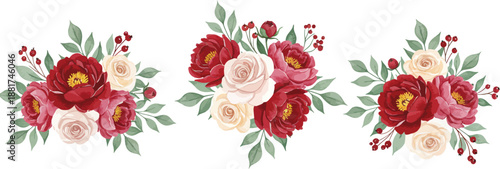 Three watercolor floral arrangements with red and pink roses and green leaves on white background