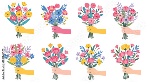 a colorful collection of six bouquets of flowers held by hands in different poses and colors