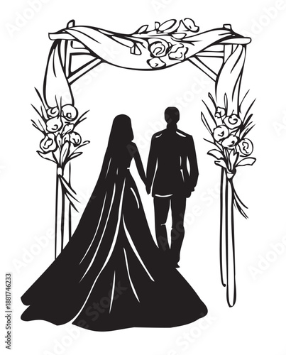 Outline black silhouette of the newlyweds with wedding arch with flowers. Cute wedding illustration bride and groom