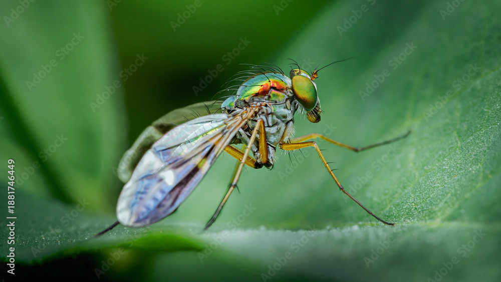 Fototapeta premium Long-legged fly displaying iridescent colors on green leaf