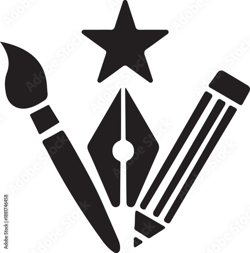 Print Creative Arts and Graphic Design Tools Icon Set with Paintbrush, Star, Fountain Pen Nib, and Pencil