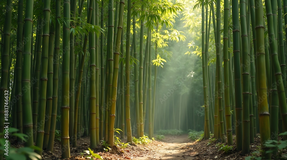 Fototapeta premium A serene bamboo forest with a winding dirt path and sunlight filtering through