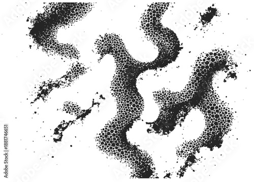 Dense black dots create swirling curves and organic shapes, producing a bold monochrome texture ideal for modern backgrounds, graphic art,.