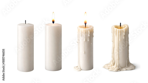 A burning candle with a bright flame, showing different stages of burning and melting wax isolated on transparent background