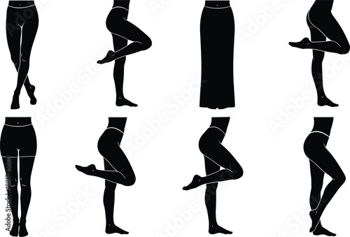 Black female legs silhouette vector set, woman lower body in leggings and skirt, yoga fitness poses icon, fashion apparel display on white background