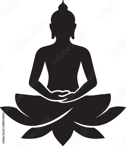 Black Buddha Silhouette icon Sitting on Lotus Flower for Meditation Yoga Studio Wall Art Decor and Spiritual Zen Mindfulness Illustration Graphic Design Vector