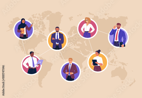 Business Networking Concept. Vector illustration of global professional network with diverse business people connected across world map. Concept of communication, teamwork, and collaboration.