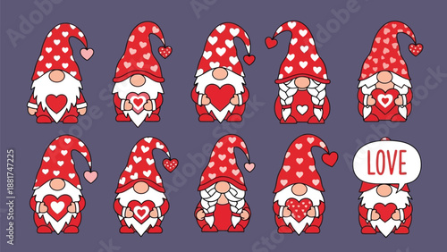 Charming collection of valentine gnomes displaying heartwarming designs with red hats and fluffy white beards