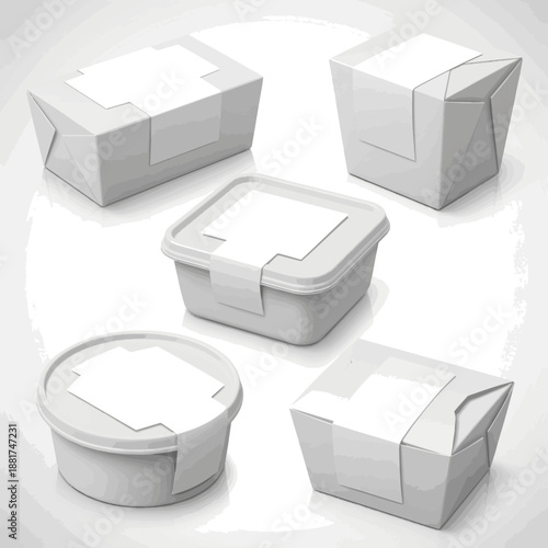 Create a kinds of deferent realistic Disposable white food box container whith white paper label Mock Up Template of food box container - 3d rendering vector art with white background.