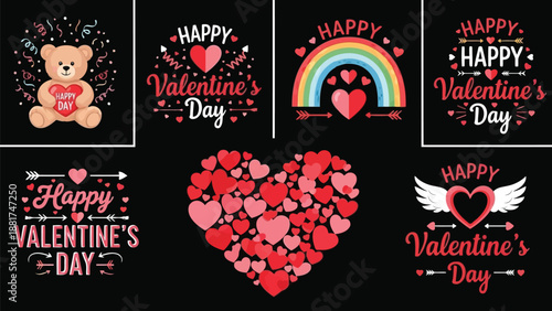 Valentine s day themed graphics and illustrations with hearts and teddy bear on black background