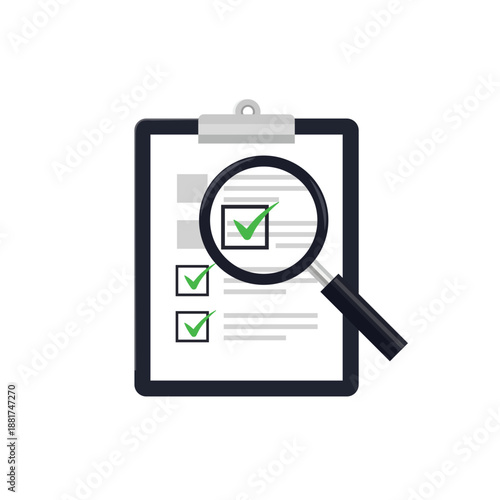 Checklist with Magnifying Glass Green Checkmarks and Paperwork Symbol