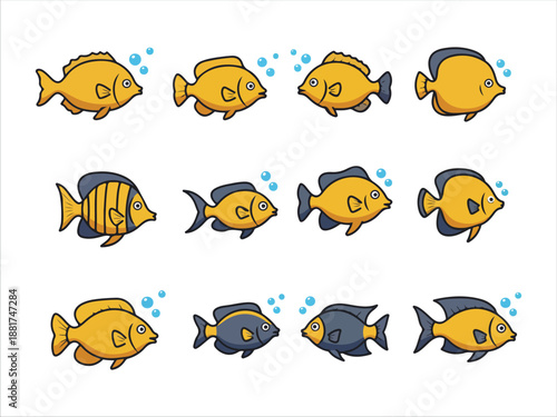 Collection of colorful fish swimming in underwater scenes