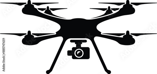 Black drone silhouette with camera, quadcopter aerial photography icon, unmanned aerial vehicle technology concept, isolated on white background, modern flying surveillance mapping inspection symbol