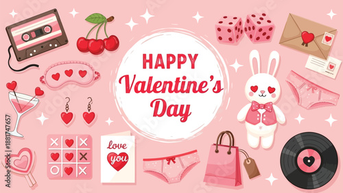 A delightful valentine s day collection featuring hearts cherries a cassette tape and other playful romantic elements