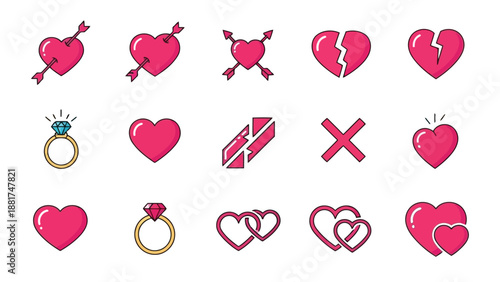 collection of various heart symbols and rings on a white background for love and relationships