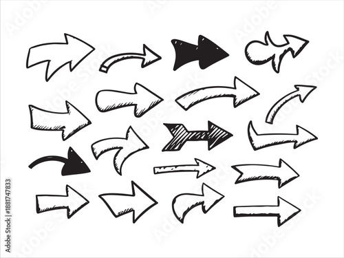 Collection of diverse handdrawn arrow icons in black and white