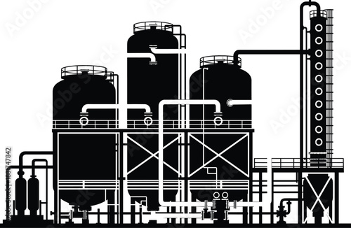 Black industrial refinery silhouette icon, chemical factory plant with storage tanks and pipes, oil gas manufacturing vector illustration, isolated on white background