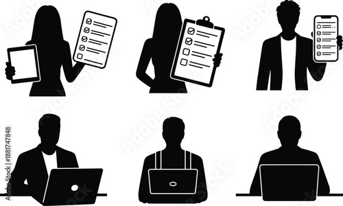 Business professionals silhouettes holding clipboard checklist tablet and laptop, survey feedback teamwork remote work recruitment data analysis concept illustration, flat vector icon set isolated