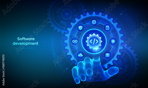 Software development practices methodology. Devops. Agile development optimization concept. Software engineering. Hand touching digital interface with interconnected gears and icons. Vector.