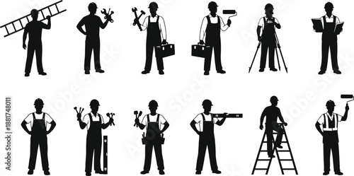Construction worker silhouettes set, professional builders with tools, ladder equipment, renovation repair industry concept, black isolated icons on white background, vector illustration collection 