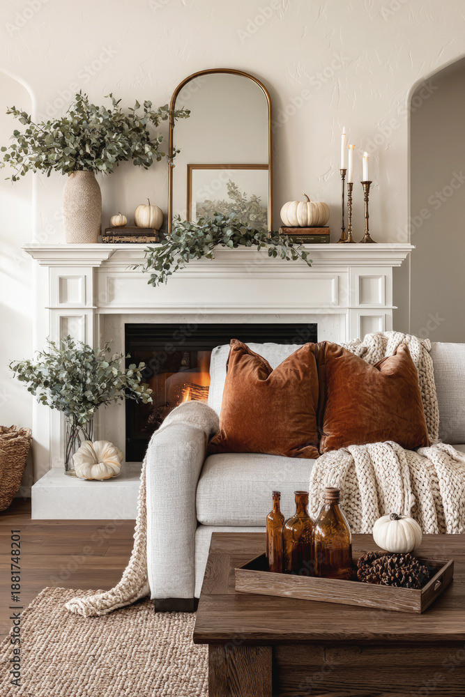 Fototapeta premium Cozy autumn living room with warm tones, velvet pillows and elegant seasonal decor centered around a white fireplace and neutral-toned furniture.
