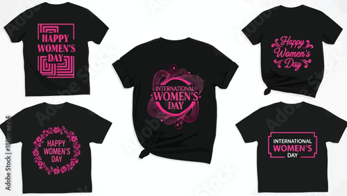 A collection of black t shirts presenting various pink designs celebrating international women s day and empowerment