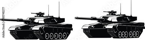 Black military tank silhouettes, modern armored battle vehicle icons, heavy army artillery war machine vector illustration, isolated on white background, combat transport