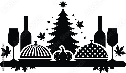 WebChristmas dinner silhouette scene, festive tree, wine, pumpkin, gift, black vector illustration, holiday celebration graphic design