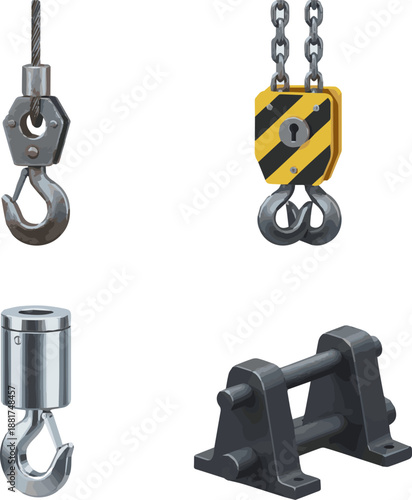 Create a kinds of deferent realistic Crane hook vector art with white background..