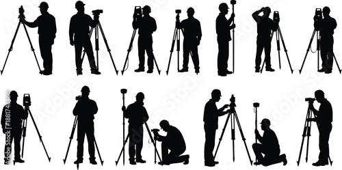 Professional land surveyor silhouettes using total station and tripod equipment, surveying engineering measurement teamwork concept, construction mapping technology workflow, isolated black figures on