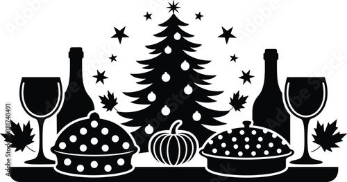 Christmas dinner silhouette scene, festive tree, wine, pumpkin, gift, black vector illustration, holiday celebration graphic design