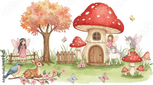 Whimsical illustration of a mushroom house with a fairy garden and forest creatures