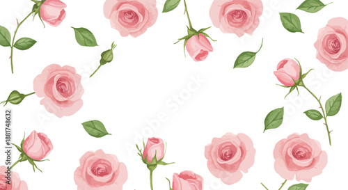 Pink roses and leaves arranged in a square border on a white background
