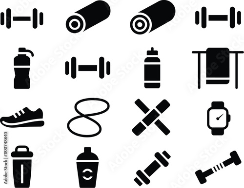 Fitness equipment set dumbell, rolled exercise mat, water bottle, towel rack, running shoe and jump rope