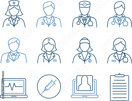 Hospital staff set a female nurse with a cap male doctor with a headlamp, and two medical practitioners isolated