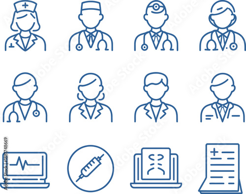 Set of medical staff characters: female nurse with a cross cap, male doctor with a head lamp, and two practitioner variations