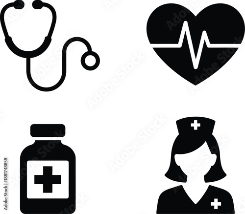 Vector illustration of stethoscope silhouette black icon with circular chest piece and tubing