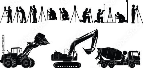 Surveyor silhouettes with tripod equipment and heavy construction machinery icons, industrial engineering workflow, surveying measurement process, excavation vehicles, loader excavator 