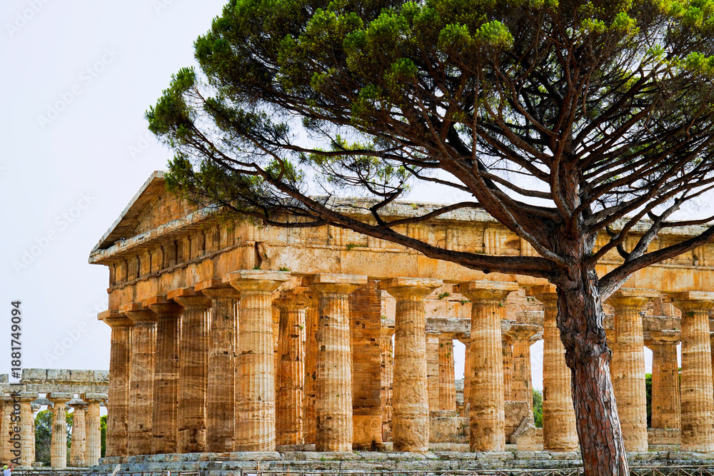 Obraz premium La magnificenza dei templi e degli scavi archeologici dell'antica città greca di Paestum, Italia, Campania, Salerno