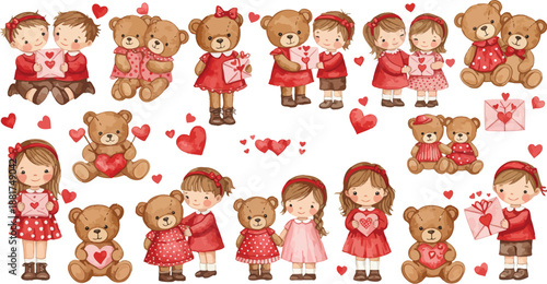Cute cartoon girls and brown teddy bears in red valentine s day outfits and accessories